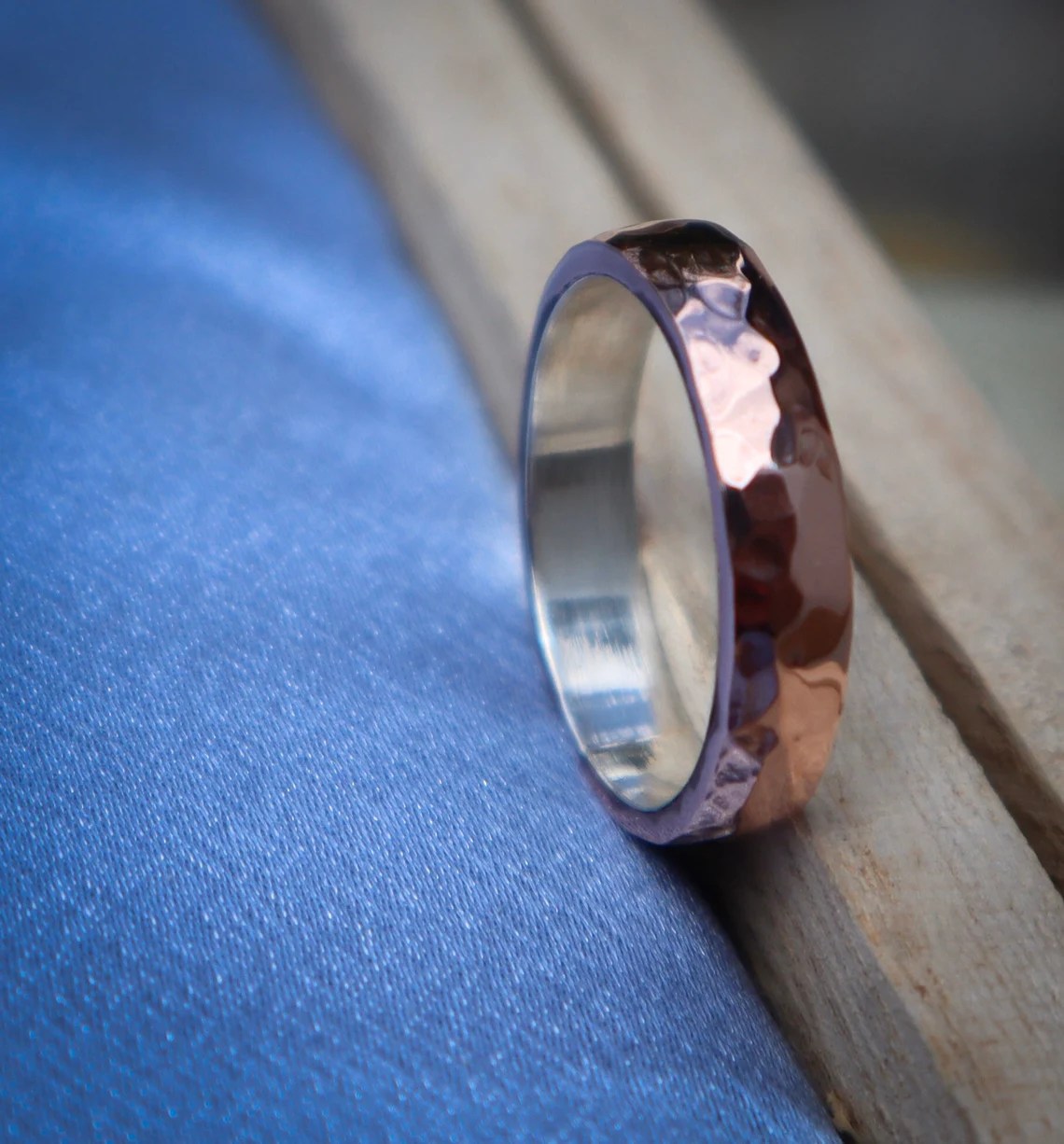 Handcrafted hammered copper ring with sterling silver lining